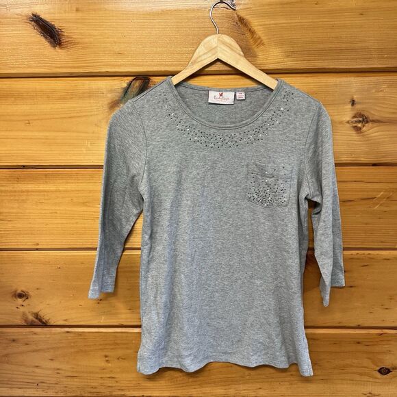 Quacker Factory Womens Sweater XS Gray Rhinestone Blouse Top Long Sleeve - Picture 1 of 6
